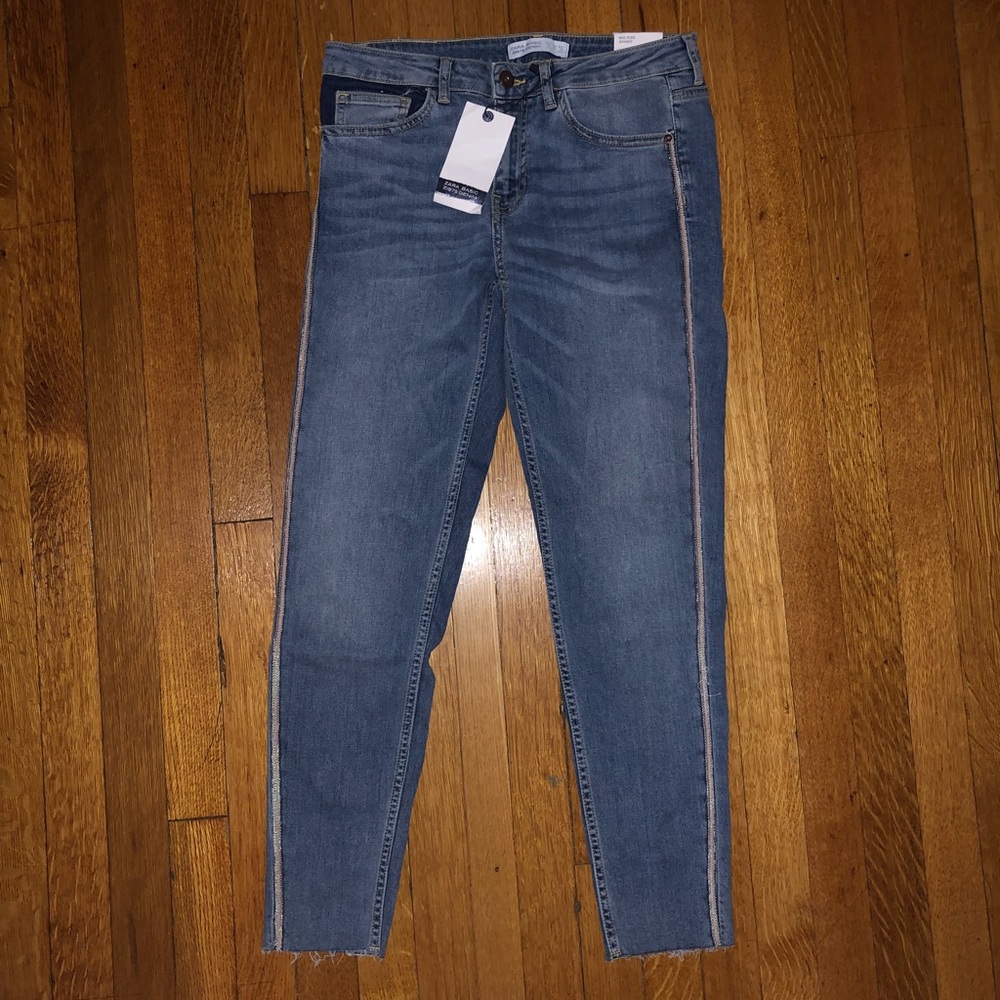 Zara "Mid Rise Jeans with Side Stripe"